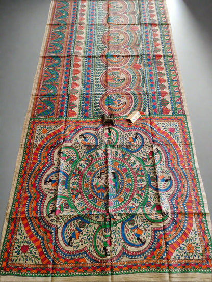 Radha Krishna Madhubani Hand Painted Desi Tussar Silk Saree
