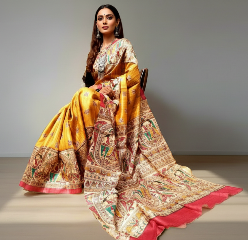 Radha-Krishna Madhubani Printed Silk Saree