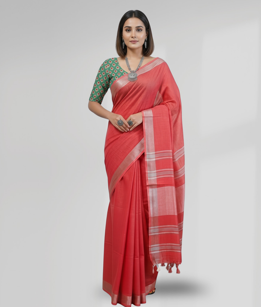 Radiant Red Cotton Slub Saree with Gleaming Silver Zari Border and White Tassels