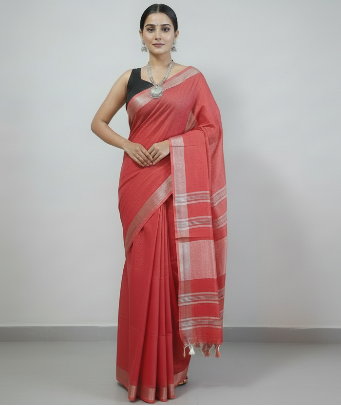 Radiant Red Cotton Slub Saree with Gleaming Silver Zari Border and White Tassels