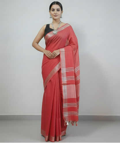 Radiant Red Cotton Slub Saree with Gleaming Silver Zari Border and White Tassels