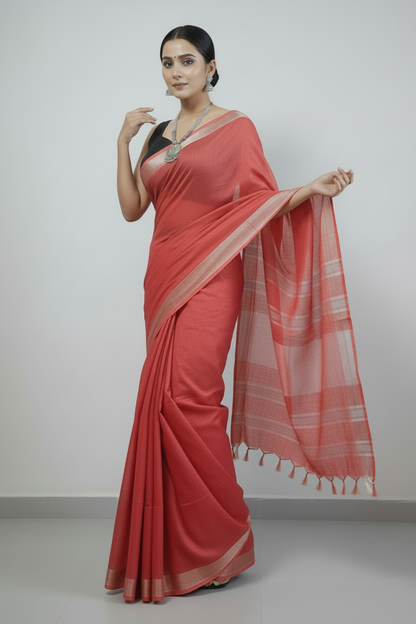 Radiant Red Cotton Slub Saree with Gleaming Silver Zari Border and White Tassels