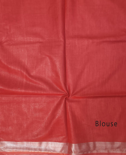 Radiant Red Cotton Slub Saree with Gleaming Silver Zari Border and White Tassels