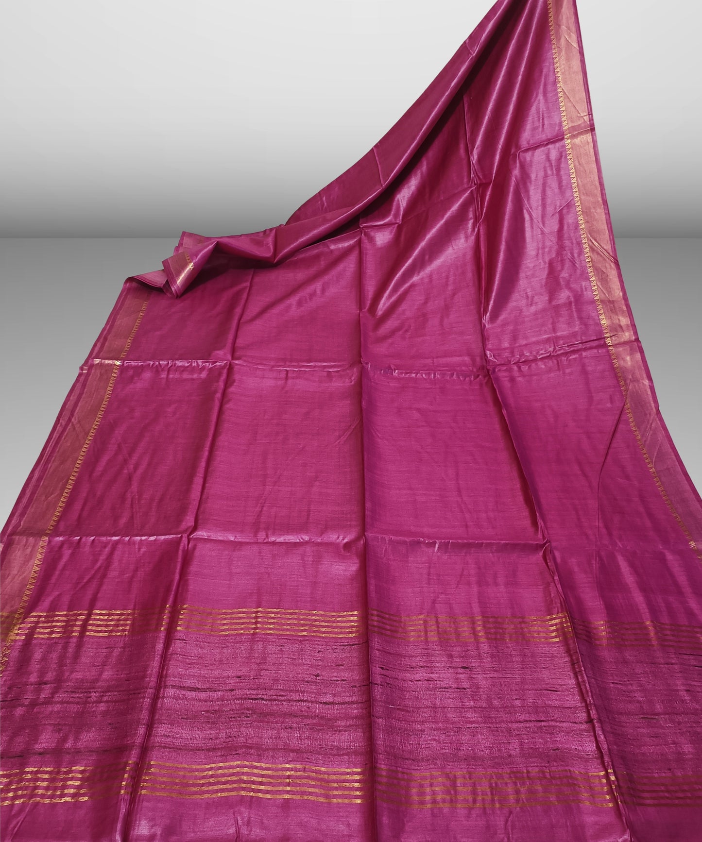 Rani Pink Handloom Tussar Moonga Silk Saree with Antique Gold Temple Zari Border