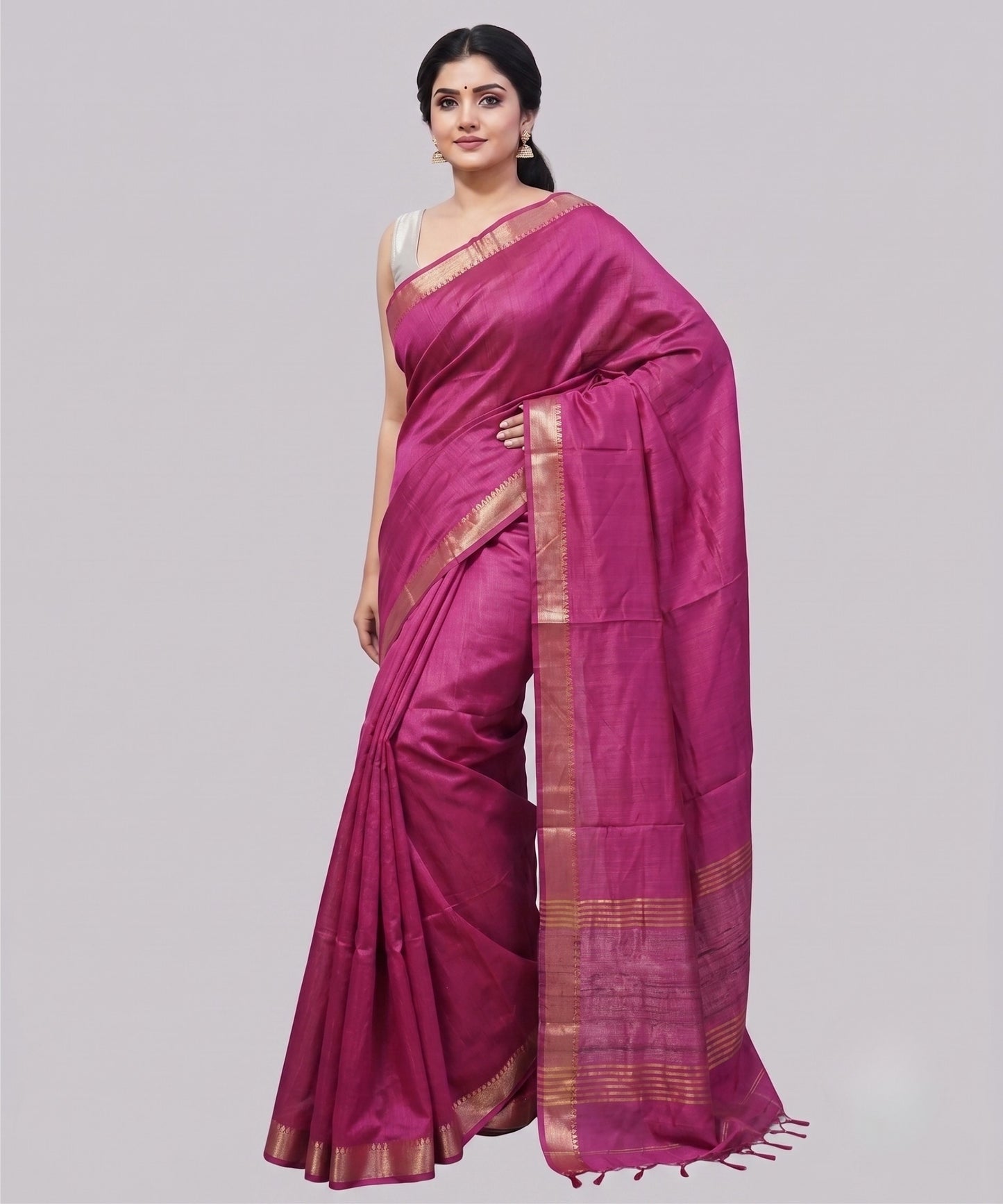 Rani Pink Handloom Tussar Moonga Silk Saree with Antique Gold Temple Zari Border