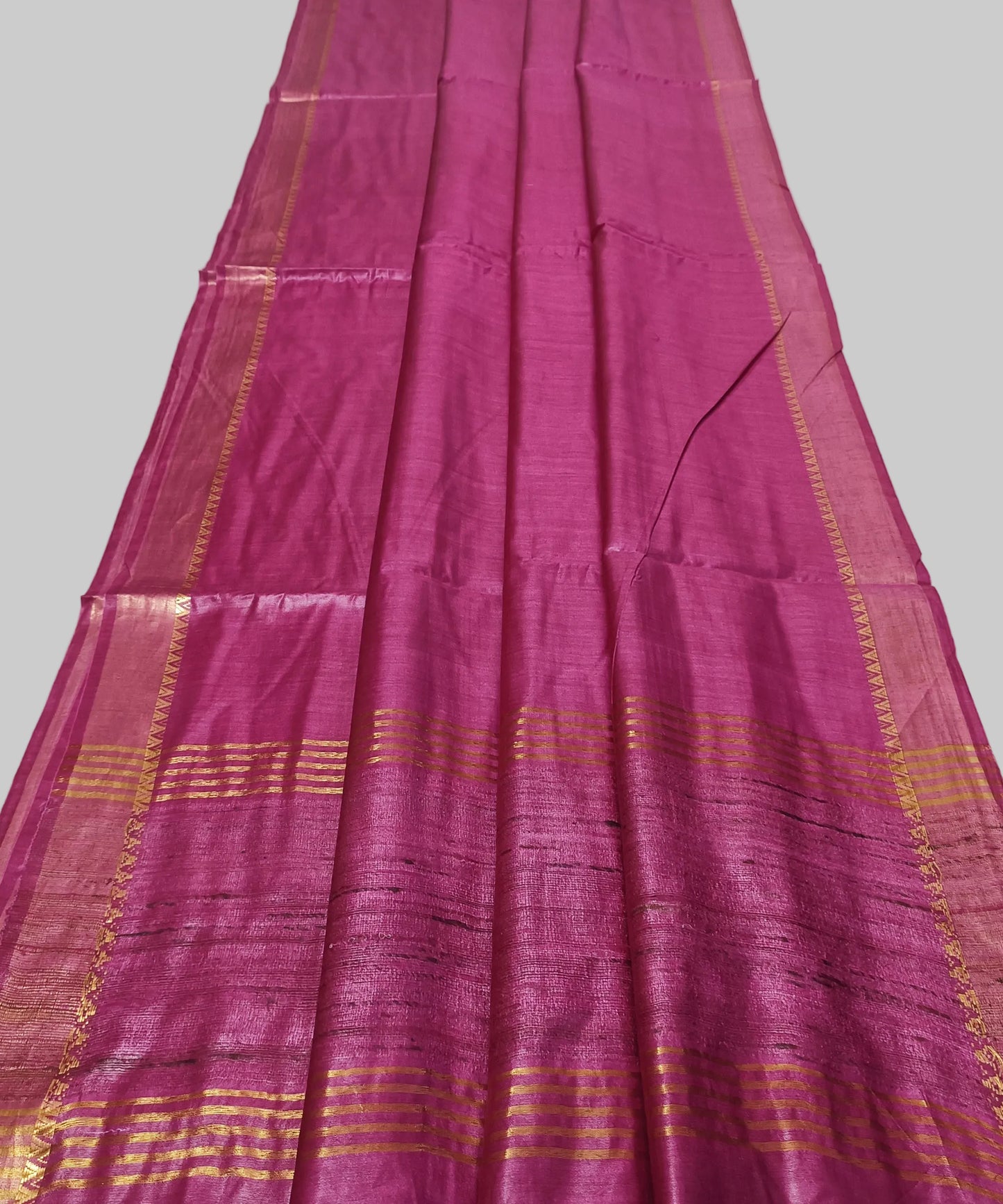 Rani Pink Handloom Tussar Moonga Silk Saree with Antique Gold Temple Zari Border