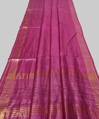 Rani Pink Handloom Tussar Moonga Silk Saree with Antique Gold Temple Zari Border
