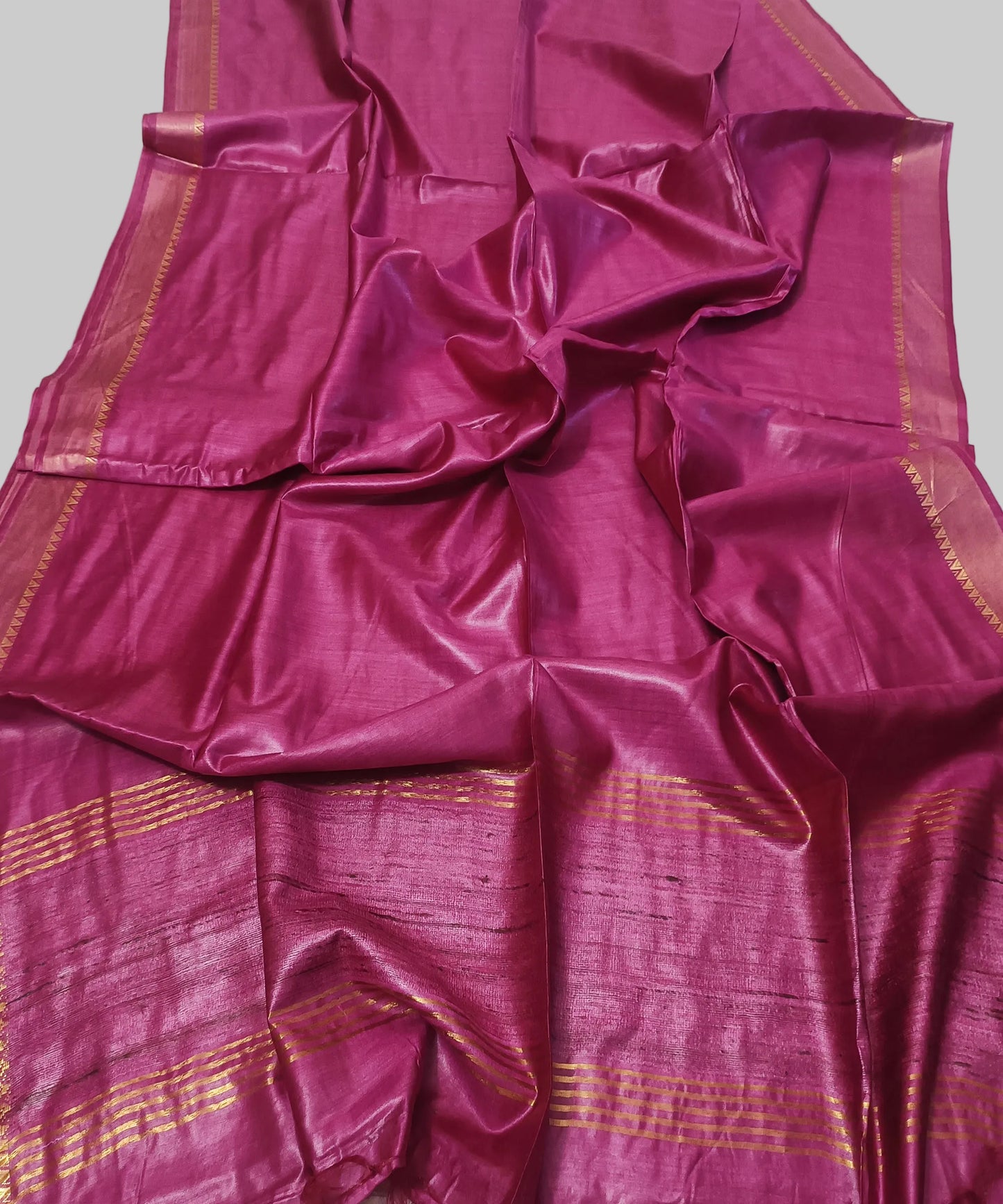 Rani Pink Handloom Tussar Moonga Silk Saree with Antique Gold Temple Zari Border