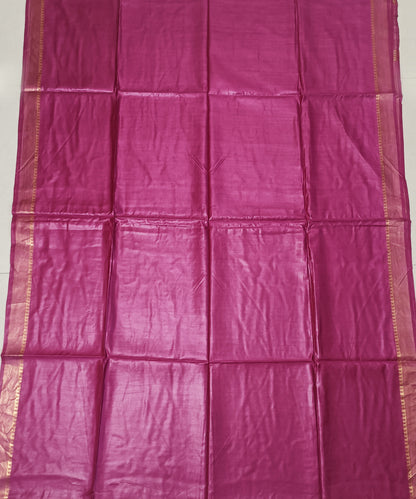 Rani Pink Handloom Tussar Moonga Silk Saree with Antique Gold Temple Zari Border