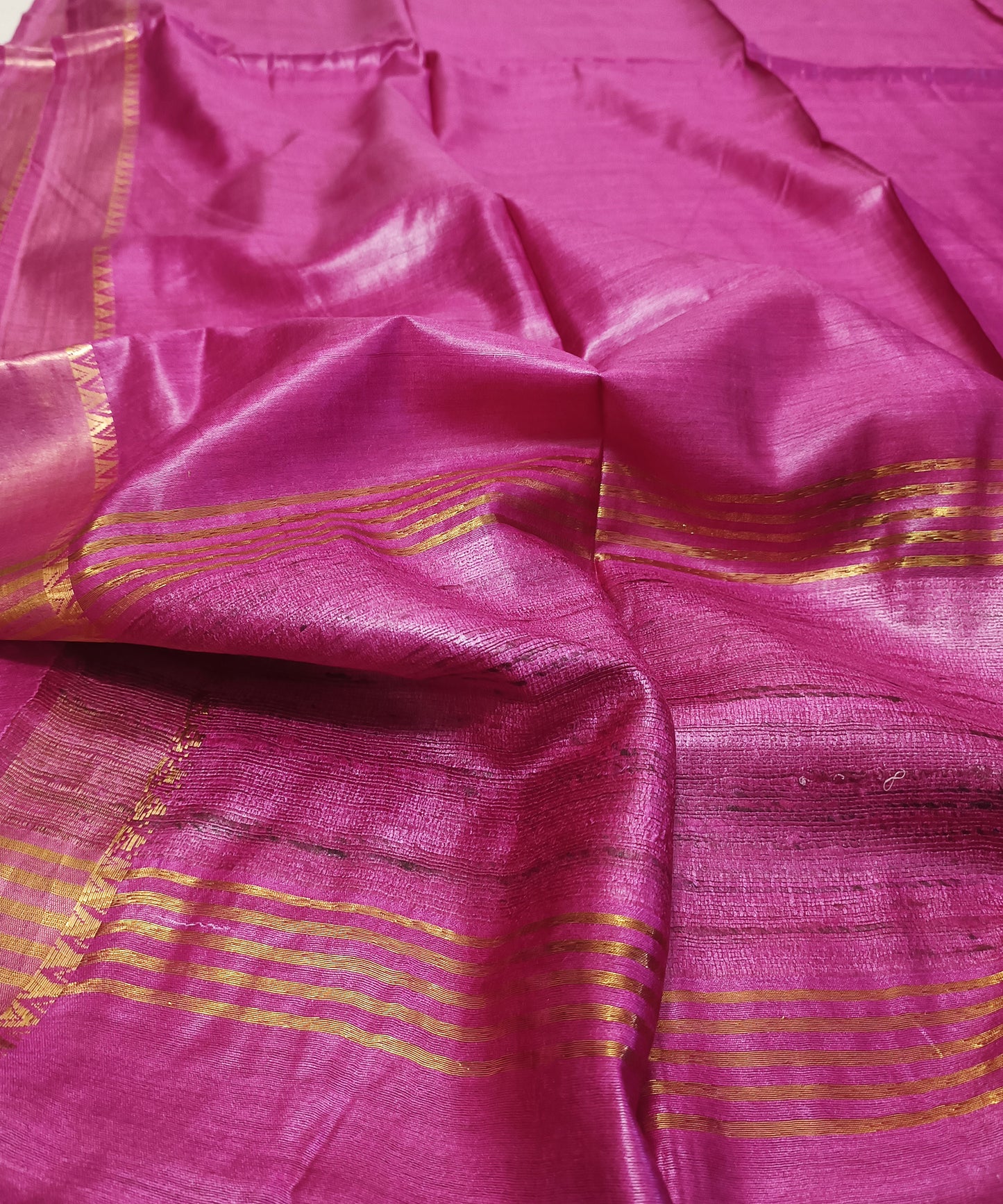 Rani Pink Handloom Tussar Moonga Silk Saree with Antique Gold Temple Zari Border