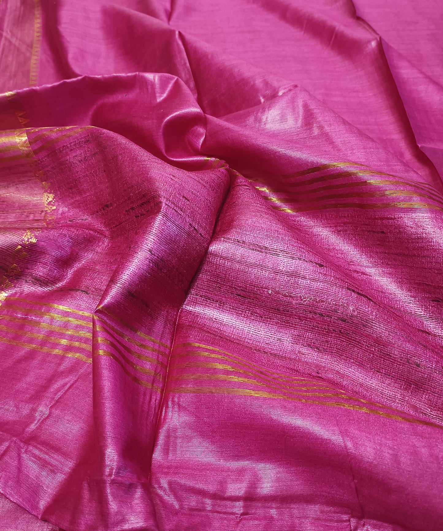 Rani Pink Handloom Tussar Moonga Silk Saree with Antique Gold Temple Zari Border
