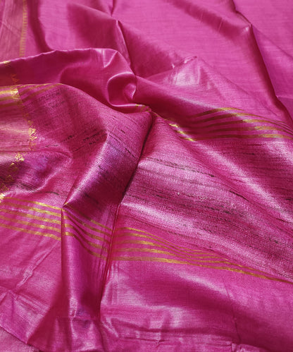 Rani Pink Handloom Tussar Moonga Silk Saree with Antique Gold Temple Zari Border