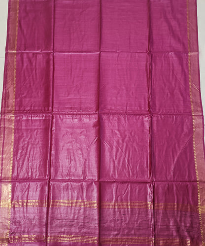 Rani Pink Handloom Tussar Moonga Silk Saree with Antique Gold Temple Zari Border