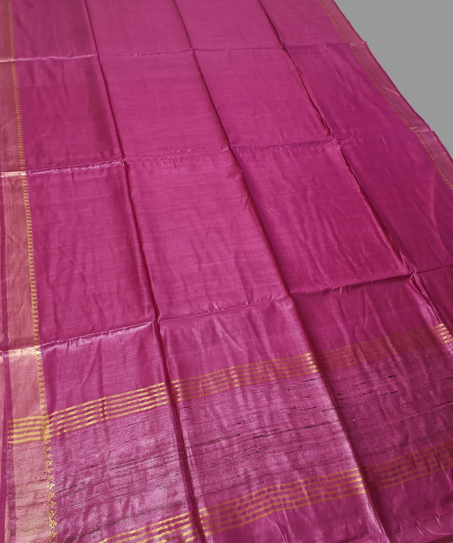Rani Pink Handloom Tussar Moonga Silk Saree with Antique Gold Temple Zari Border