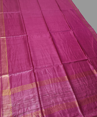 Rani Pink Handloom Tussar Moonga Silk Saree with Antique Gold Temple Zari Border