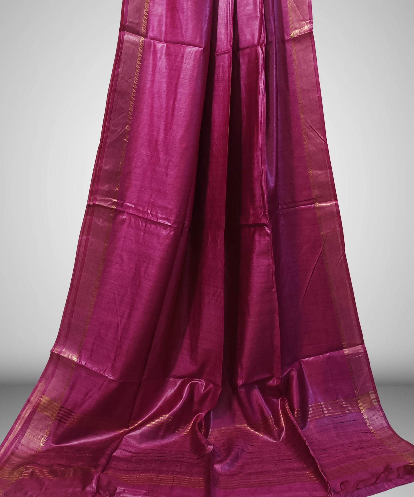 Rani Pink Handloom Tussar Moonga Silk Saree with Antique Gold Temple Zari Border