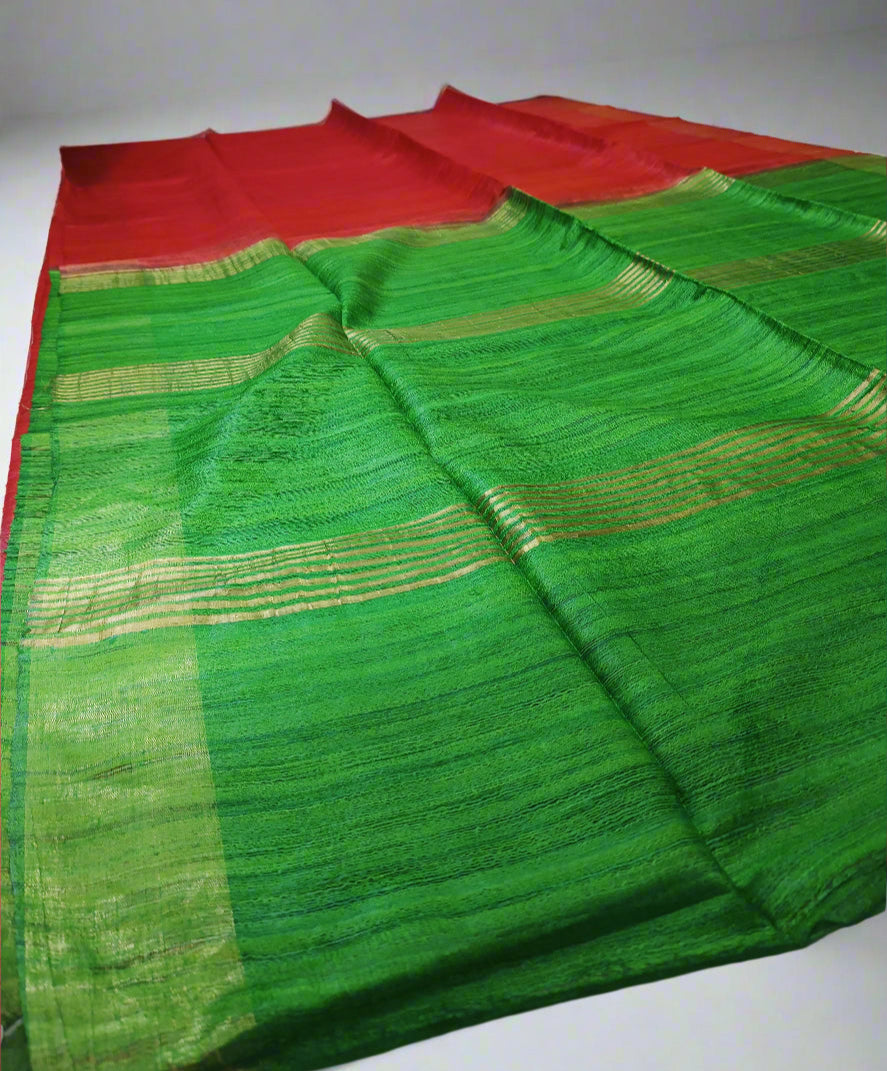 Red And Green Handloon Tussar Ghicha Silk Saree