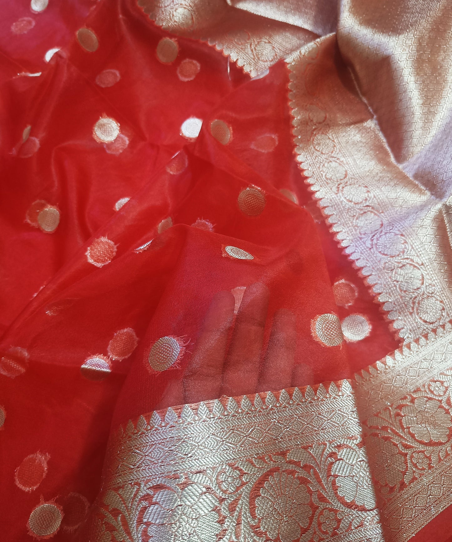 Red Banarasi  Kora Silk Organza Saree
