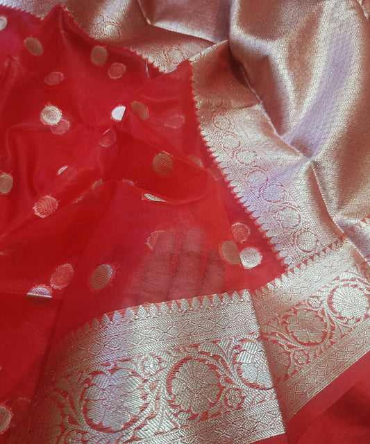 Red Banarasi  Kora Silk Organza Saree
