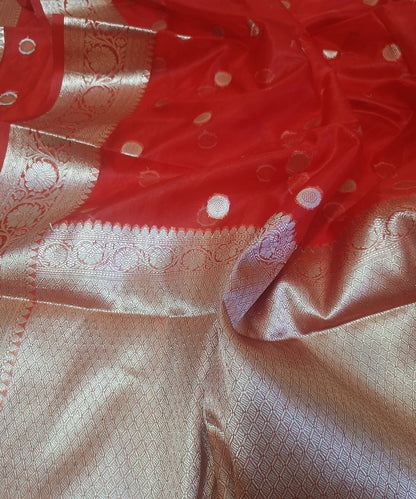 Red Banarasi  Kora Silk Organza Saree