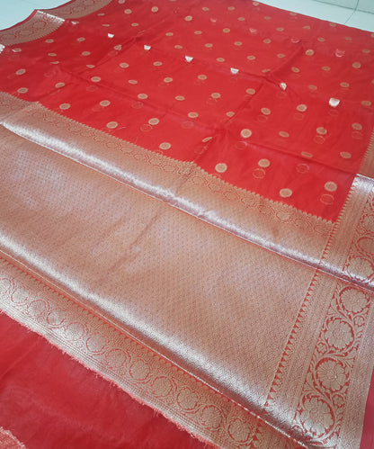 Red Banarasi  Kora Silk Organza Saree