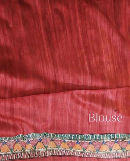 Red Half & Half Madhubani Hand Painted Pure Tussar Ghicha Silk Saree