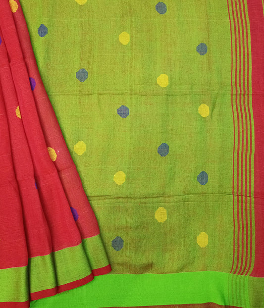 Red and Green Handloom Pure Linen Saree
