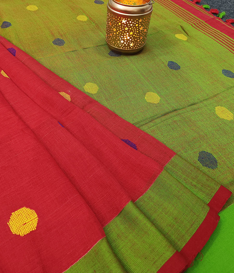Red and Green Handloom Pure Linen Saree
