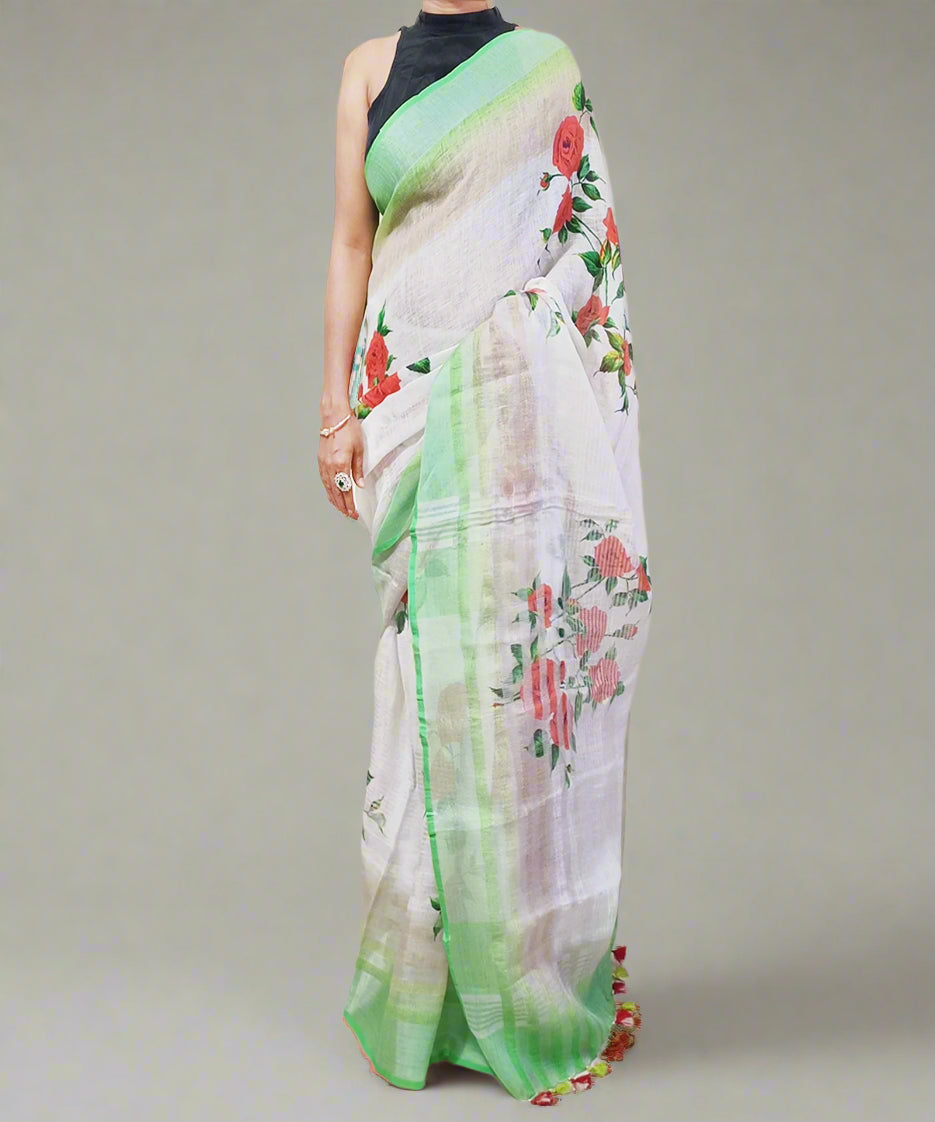 Red Rose Digital Printed Linen Saree