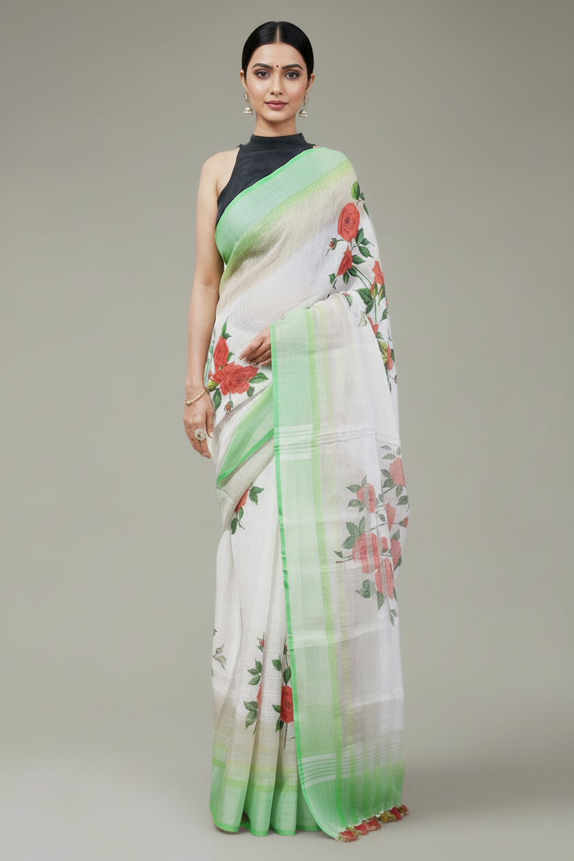 Red Rose Digital Printed Linen Saree