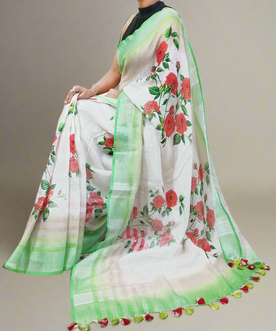 Red Rose Digital Printed Linen Saree