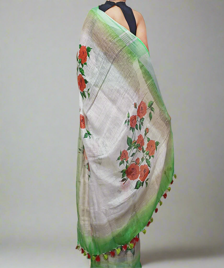 Red Rose Digital Printed Linen Saree