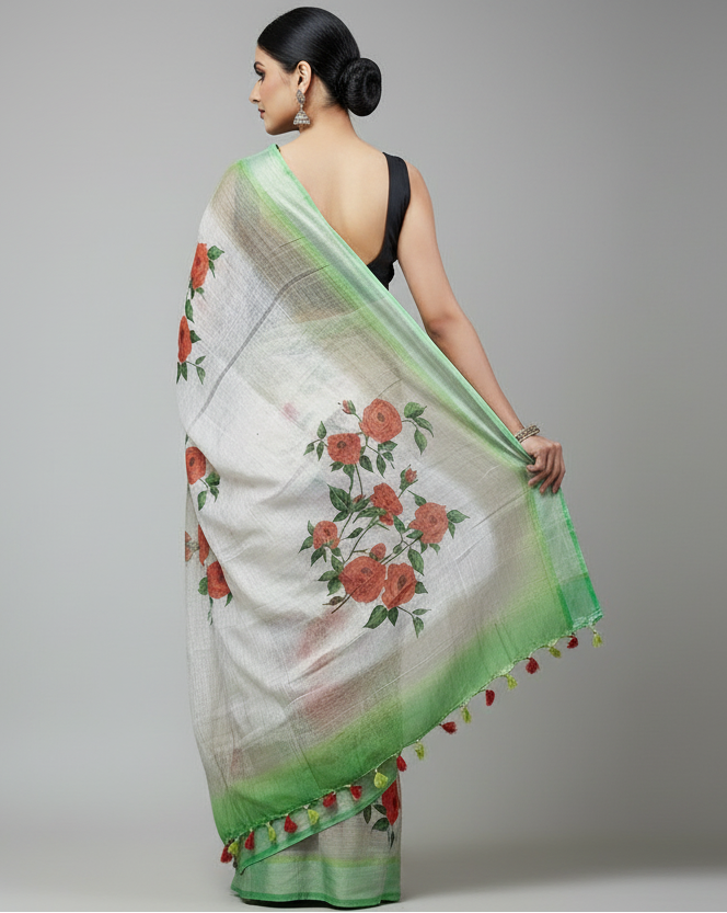 Red Rose Digital Printed Linen Saree