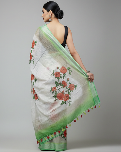 Red Rose Digital Printed Linen Saree
