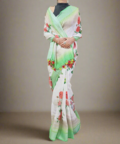 Red Rose Digital Printed Linen Saree