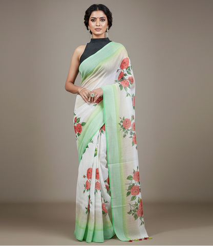 Red Rose Digital Printed Linen Saree