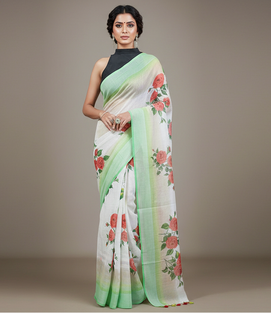 Red Rose Digital Printed Linen Saree