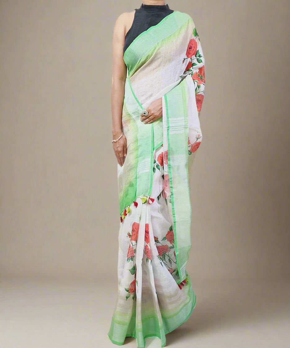 Red Rose Digital Printed Linen Saree