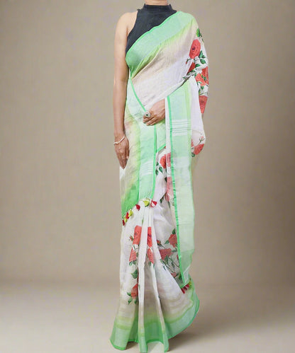 Red Rose Digital Printed Linen Saree