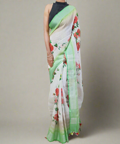 Red Rose Digital Printed Linen Saree