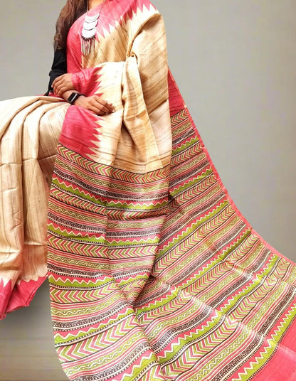 Red Temple Border Printed Tussar Ghicha Silk Saree