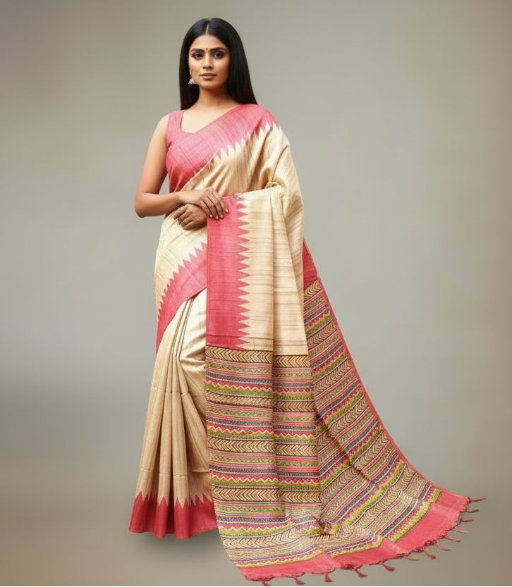 Red Temple Border Printed Tussar Ghicha Silk Saree