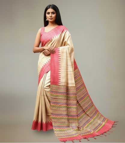 Red Temple Border Printed Tussar Ghicha Silk Saree