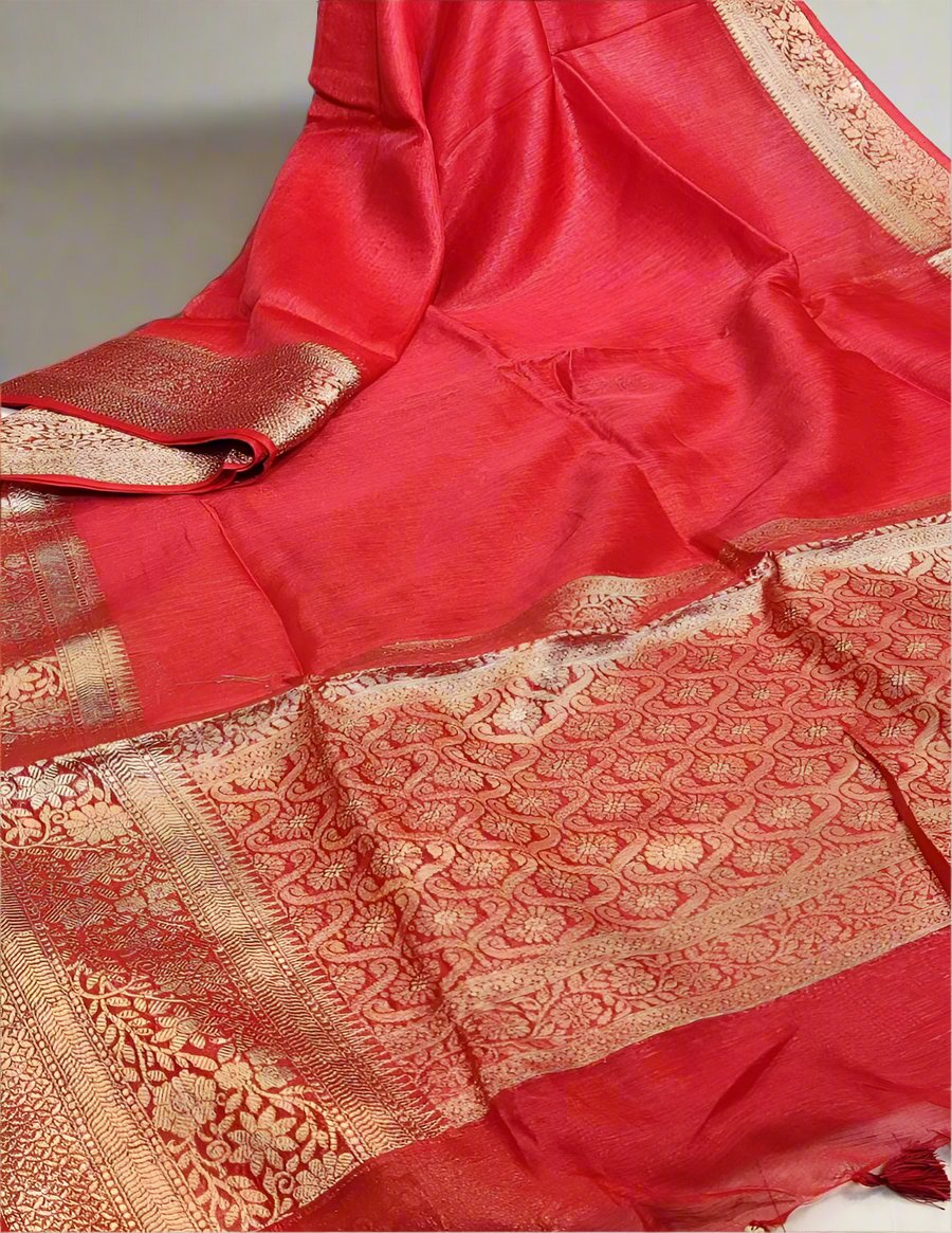 Red Banarasi Silk Linen saree