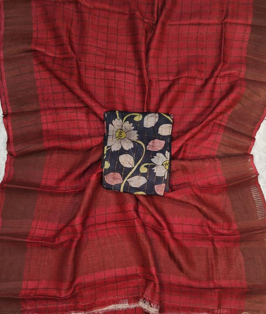 Red Bishnupuri Checked Zari Tussar Silk Saree |Peepal Clothing