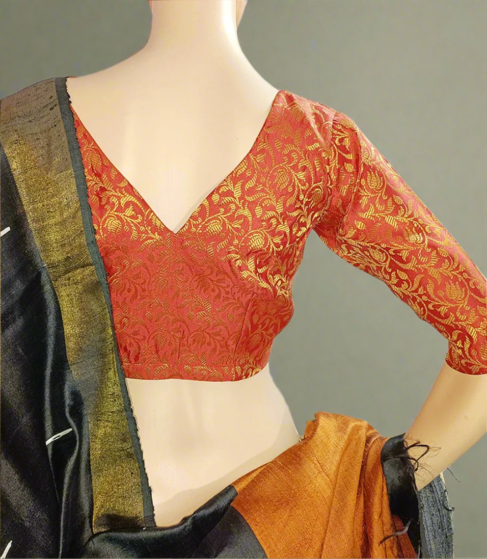 Red Brocade Elbow Sleeve length Blouse| Peepal Clothing 