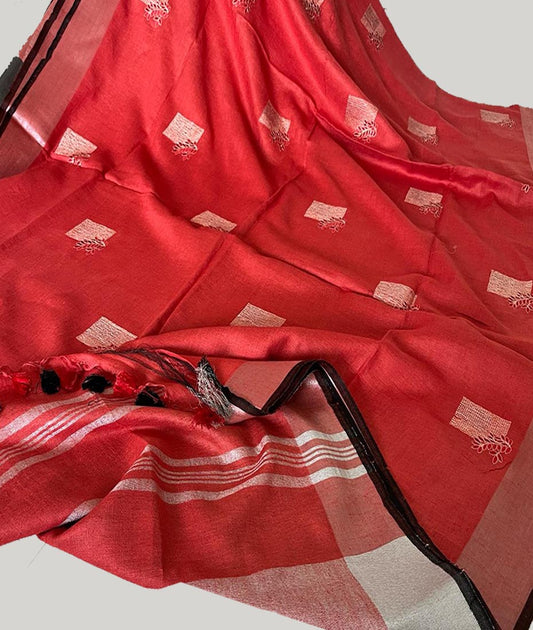 Red Floral Embroidered Linen Saree | Peepal Clothing