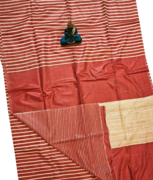 Red Striped Tusser Ghicha Silk Saree |Peepal Clothing