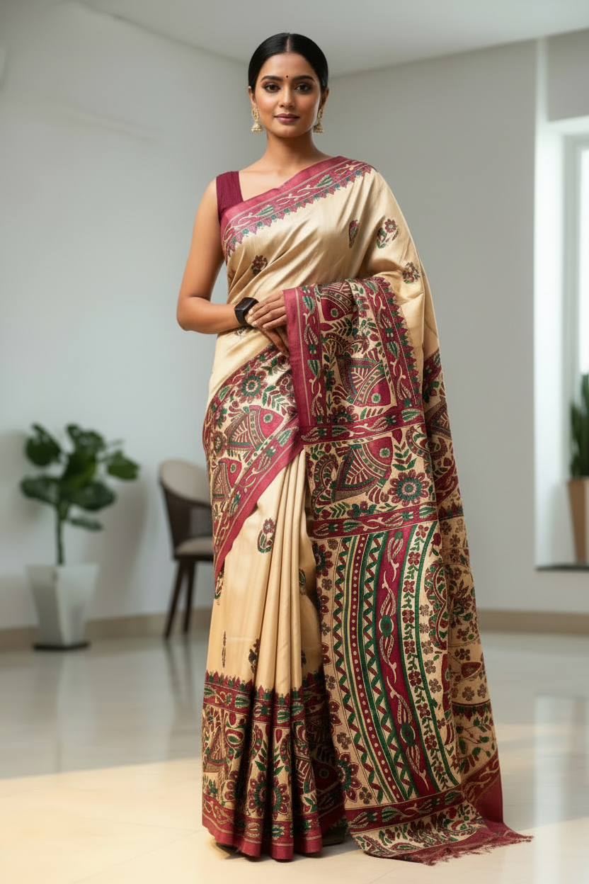 Off White and Maroon Madhubani Printed Tussar Ghicha Silk Saree