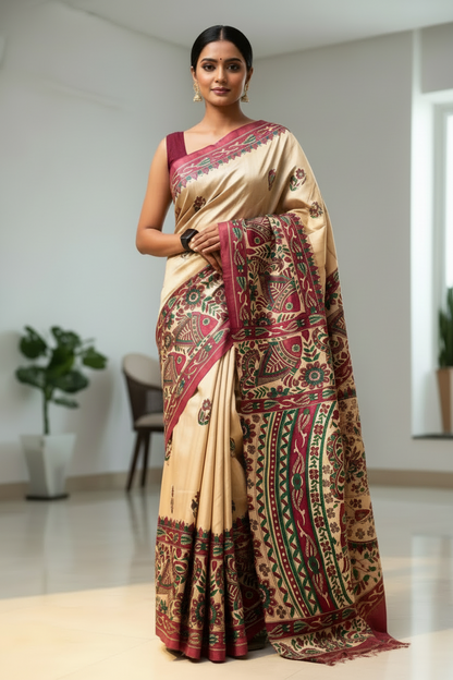 Off White and Maroon Madhubani Printed Tussar Ghicha Silk Saree